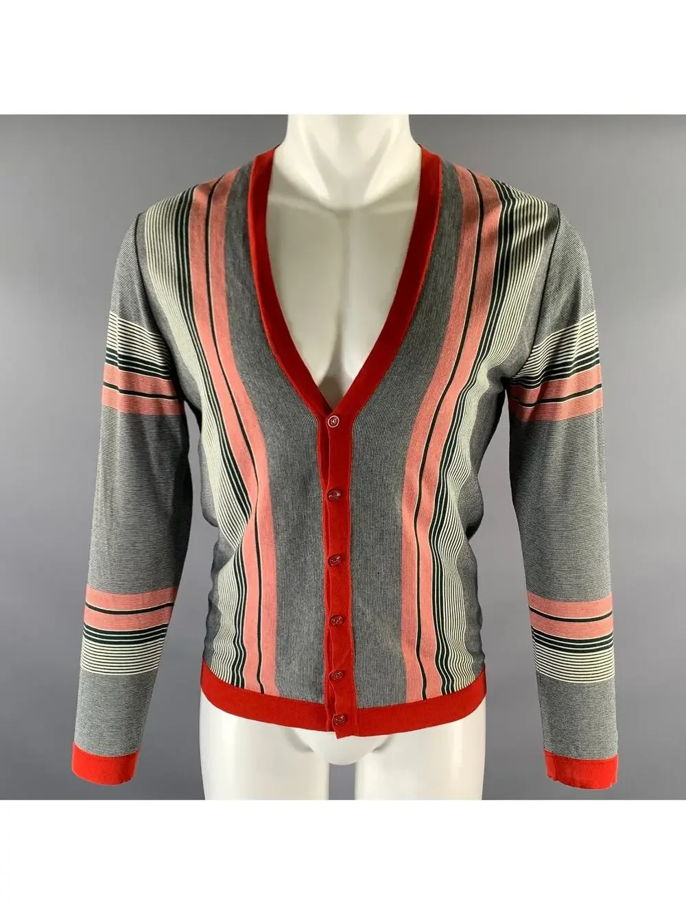 GUCCI Size S Red Green Navy Stripe V-Neck Cardigan